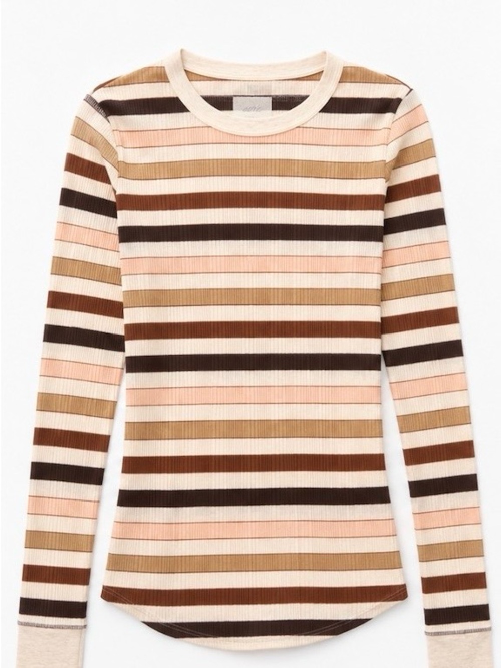 Aerie Striped Long Sleeve Essential Crewneck Layering Tee Brown Pink Cream M